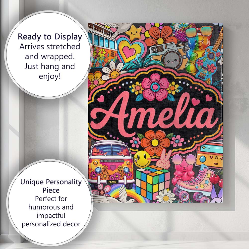 Personalised Name Hippie Rainbow Smileys Custom  Unique Gift Idea Elegant Feature Canvas Wall Art Print Decor Picture Ready to Hang