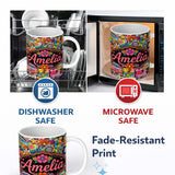 Personalized Custom Name Hippie Rainbow Smileys Music Collage Black Background Seamless 11oz Ceramic Coffee Tea Mug White Large Handle