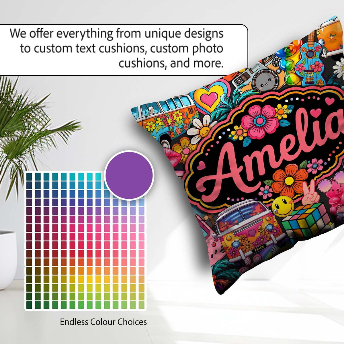 Custom Name Hippie Rainbow Smileys Music Collage Black Seamless Square Filled Cushion Throw Pillow Sofa Bed Home Decor Zip Washable UK Made
