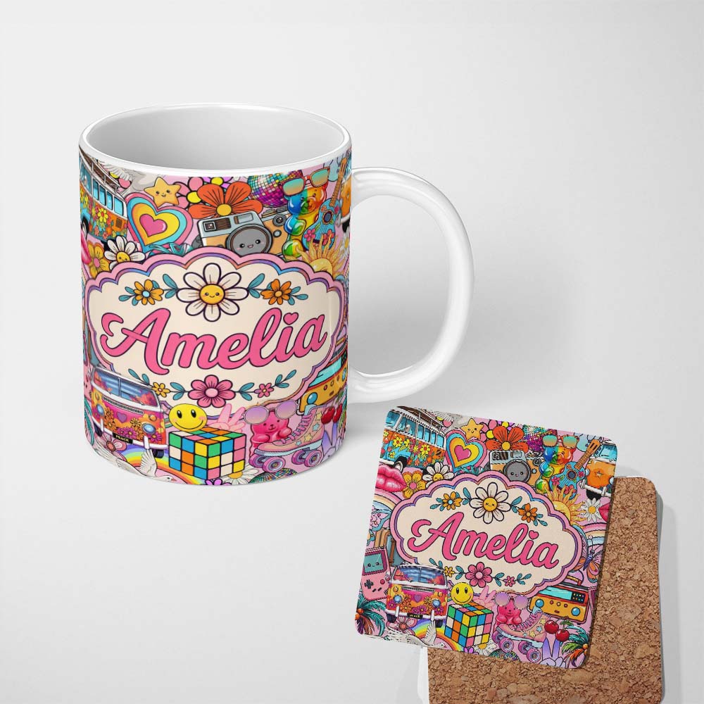 Personalized Custom Name Hippie Van Rainbow Smiley Music Collage Pink Background Seamless 11oz Ceramic Coffee Tea Mug White Large Handle