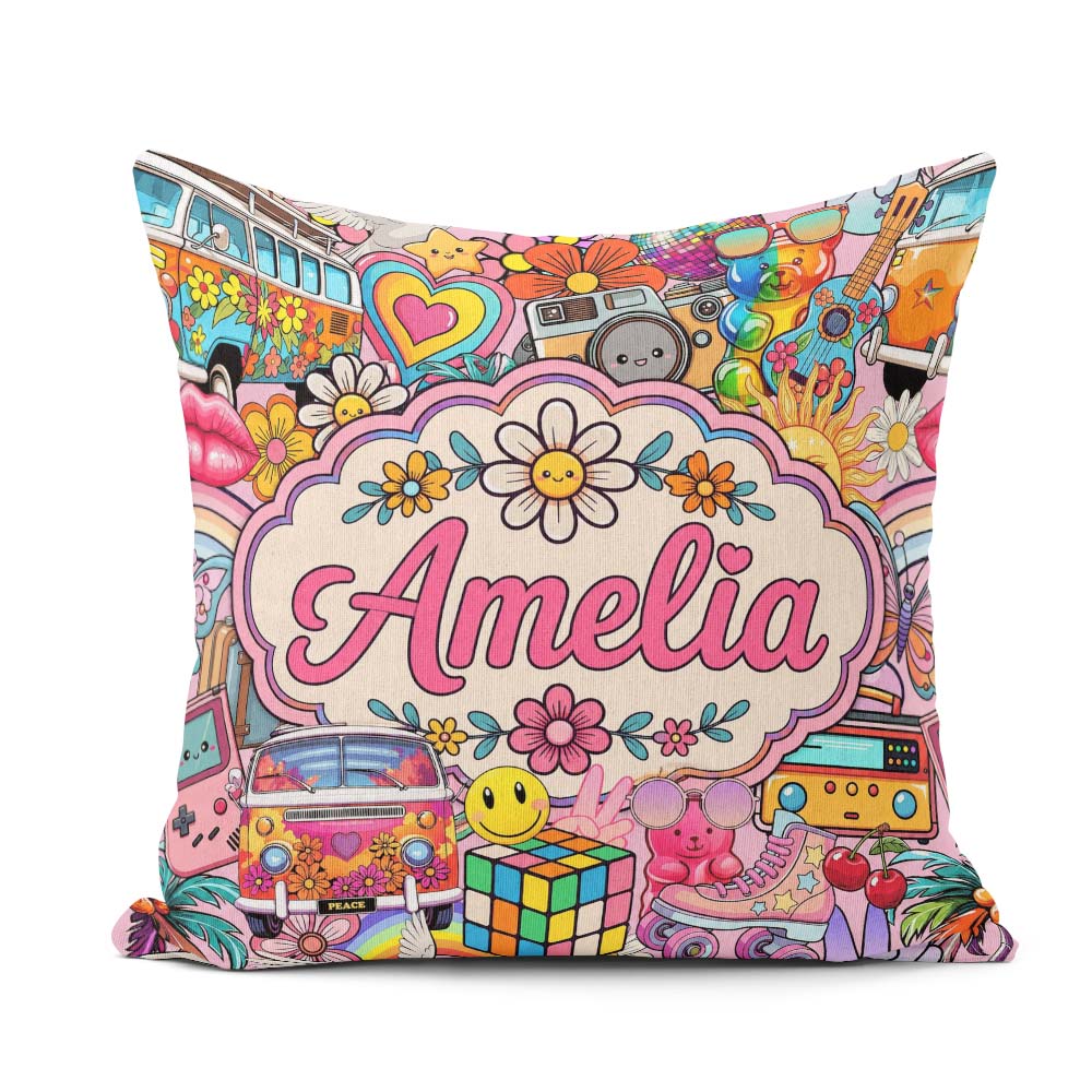 Custom Name Hippie Van Rainbow Music Collage Background Seamless Square Filled Cushion Throw Pillow Sofa Bed Home Decor Zip Washable UK Made