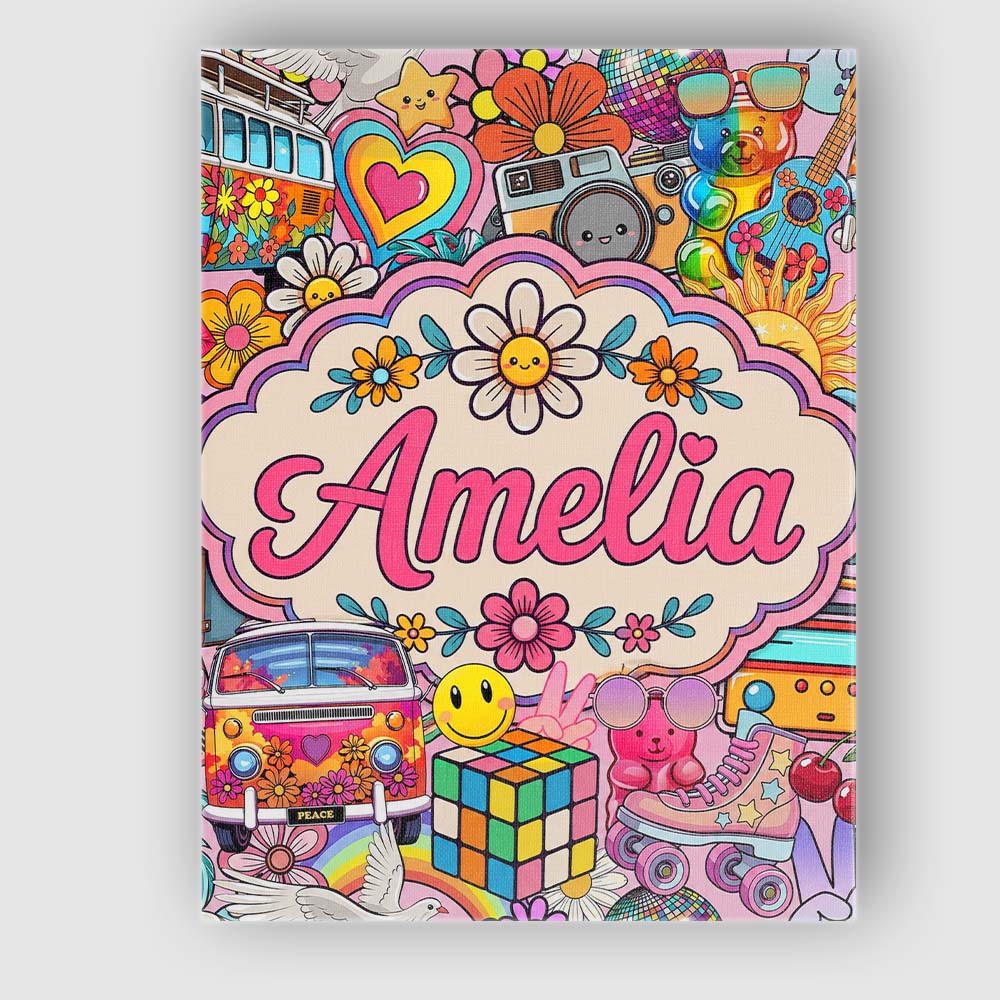 Personalised Name Hippie Van Rainbow Smiley Custom  Bespoke Interior Contemporary Canvas Wall Art Print Decor Picture Ready to Hang