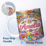 Personalized Custom Name Hippie Van Rainbow Smiley Music Collage Pink Background Seamless 11oz Ceramic Coffee Tea Mug White Large Handle
