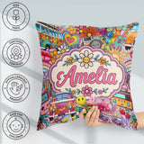 Custom Name Hippie Van Rainbow Music Collage Background Seamless Square Filled Cushion Throw Pillow Sofa Bed Home Decor Zip Washable UK Made