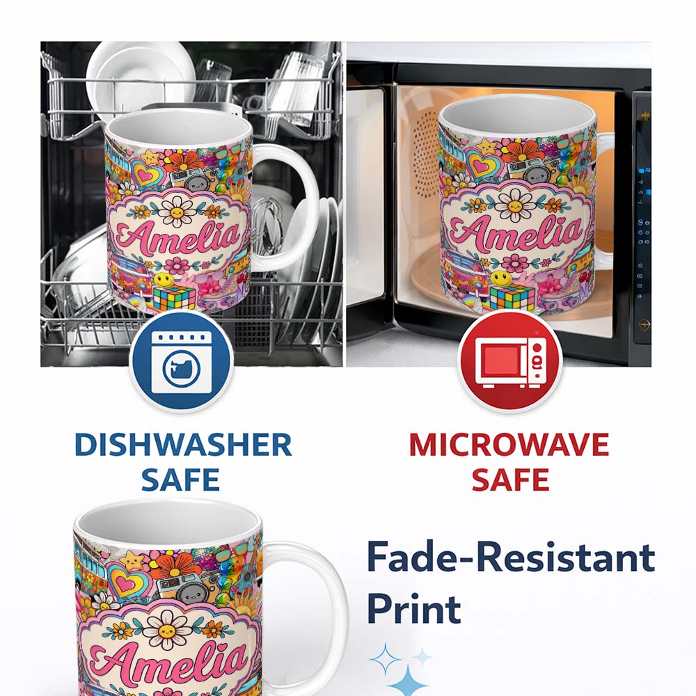 Personalized Custom Name Hippie Van Rainbow Smiley Music Collage Pink Background Seamless 11oz Ceramic Coffee Tea Mug White Large Handle