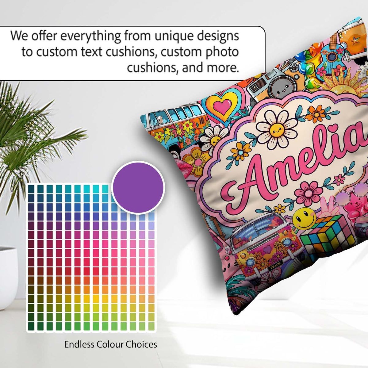 Custom Name Hippie Van Rainbow Music Collage Background Seamless Square Filled Cushion Throw Pillow Sofa Bed Home Decor Zip Washable UK Made