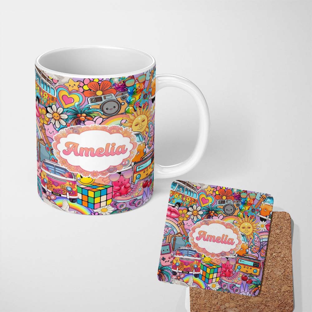 Personalized Custom Name Hippie Van Rainbow Smileys Music Collage Purple Background Seamless 11oz Ceramic Coffee Tea Mug White Large Handle