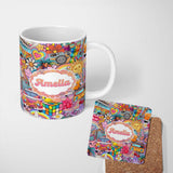 Personalized Custom Name Hippie Van Rainbow Smileys Music Collage Purple Background Seamless 11oz Ceramic Coffee Tea Mug White Large Handle