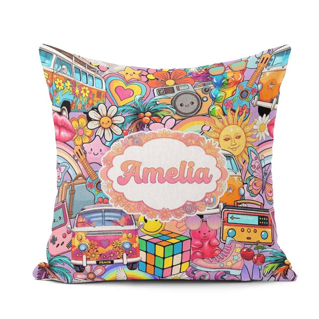 Custom Name Hippie Van Rainbow Smileys Collage Purple Background Square Filled Cushion Throw Pillow Sofa Bed Home Decor Zip Washable UK Made