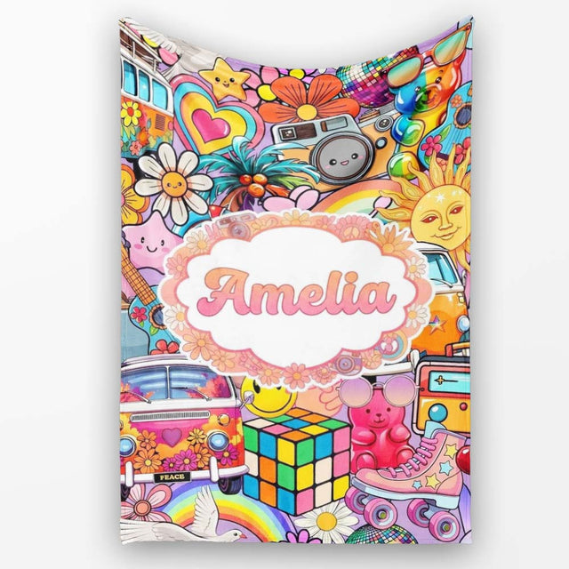 Hippie Van Rainbow Smileys Music Collage Purple Background Seamless  Personalised Custom Name Super Soft Fleece Blanket Bed Sofa Throw