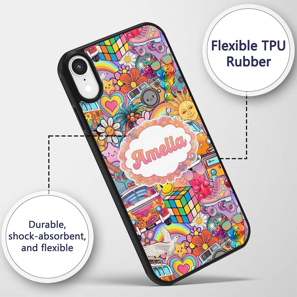 Hippie Van Rainbow Smileys Music Collage Purple Custom Name Protective Phone Case Mobile Cover Durable Everyday Smartphone Shock Resistant