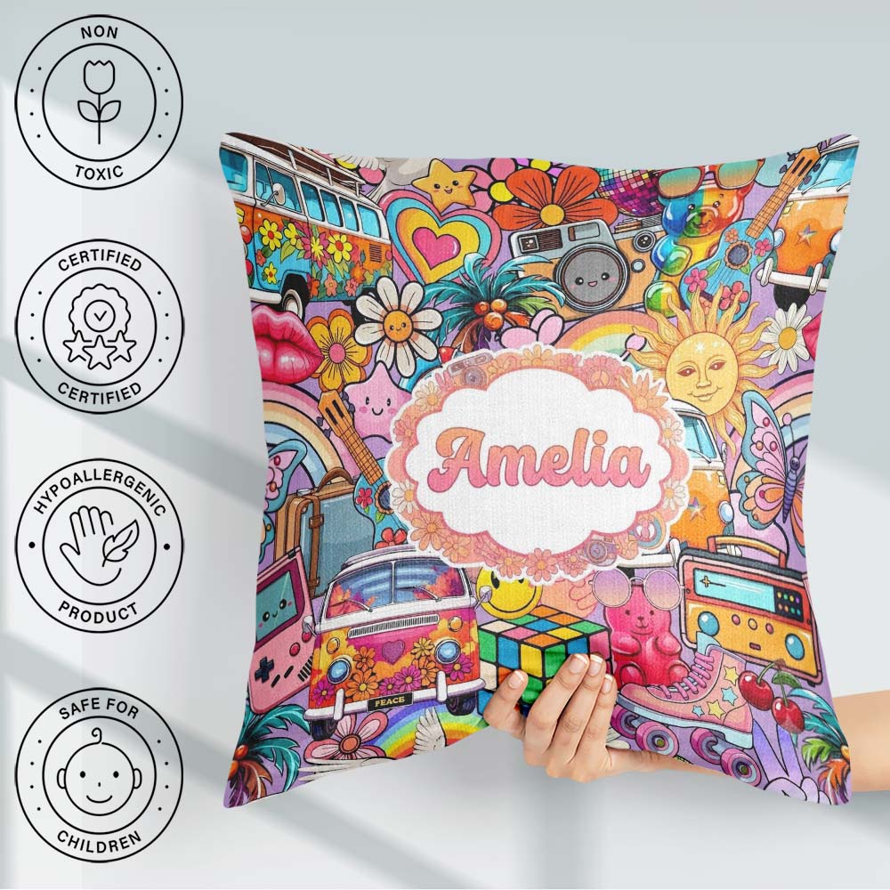 Custom Name Hippie Van Rainbow Smileys Collage Purple Background Square Filled Cushion Throw Pillow Sofa Bed Home Decor Zip Washable UK Made