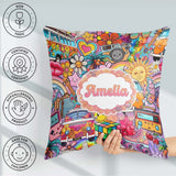 Custom Name Hippie Van Rainbow Smileys Collage Purple Background Square Filled Cushion Throw Pillow Sofa Bed Home Decor Zip Washable UK Made