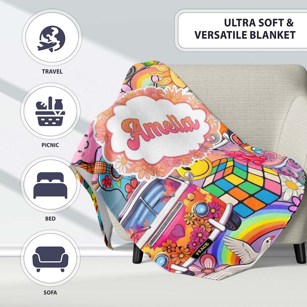 Hippie Van Rainbow Smileys Music Collage Purple Background Seamless  Personalised Custom Name Super Soft Fleece Blanket Bed Sofa Throw