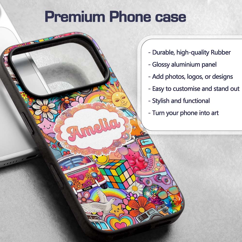 Hippie Van Rainbow Smileys Music Collage Purple Custom Name Protective Phone Case Mobile Cover Durable Everyday Smartphone Shock Resistant