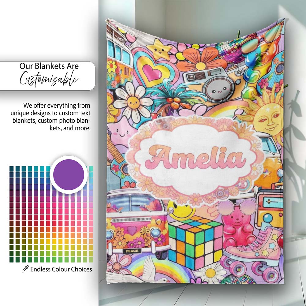 Hippie Van Rainbow Smileys Music Collage Purple Background Seamless  Personalised Custom Name Super Soft Fleece Blanket Bed Sofa Throw