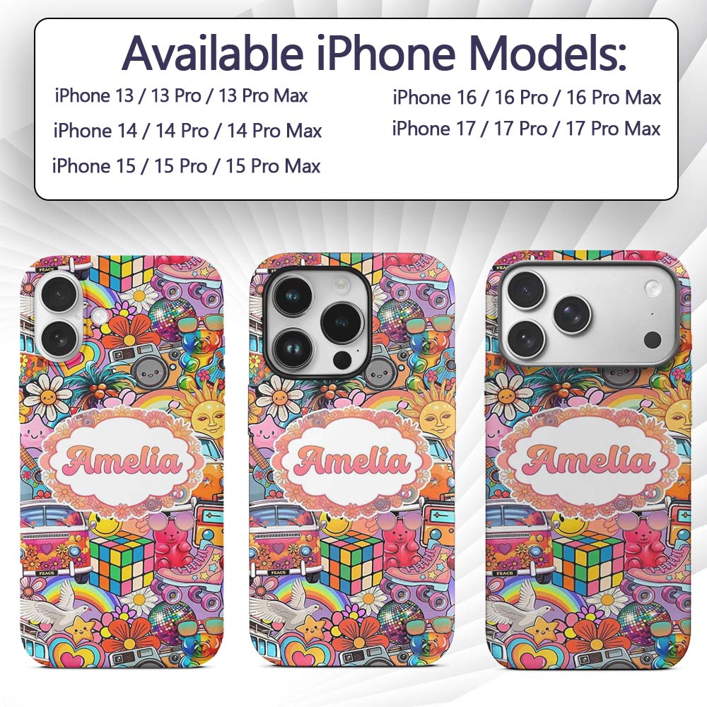 Hippie Van Rainbow Smileys Music Collage Purple Custom Name Protective Phone Case Mobile Cover Durable Everyday Smartphone Shock Resistant