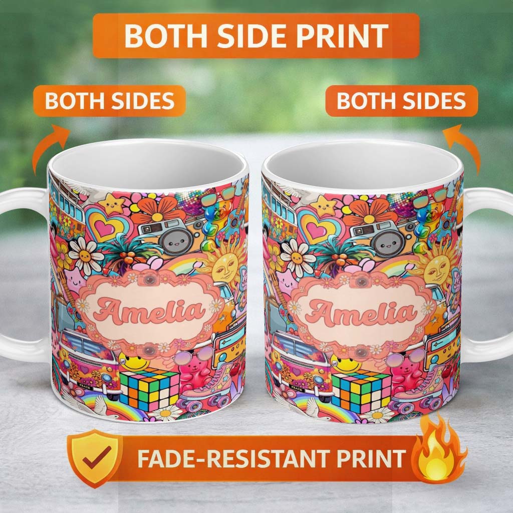 Personalized Custom Name Hippie Van Rainbow Smileys Music Collage Red Background Seamless 11oz Ceramic Coffee Tea Mug White Large Handle
