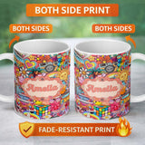 Personalized Custom Name Hippie Van Rainbow Smileys Music Collage Red Background Seamless 11oz Ceramic Coffee Tea Mug White Large Handle