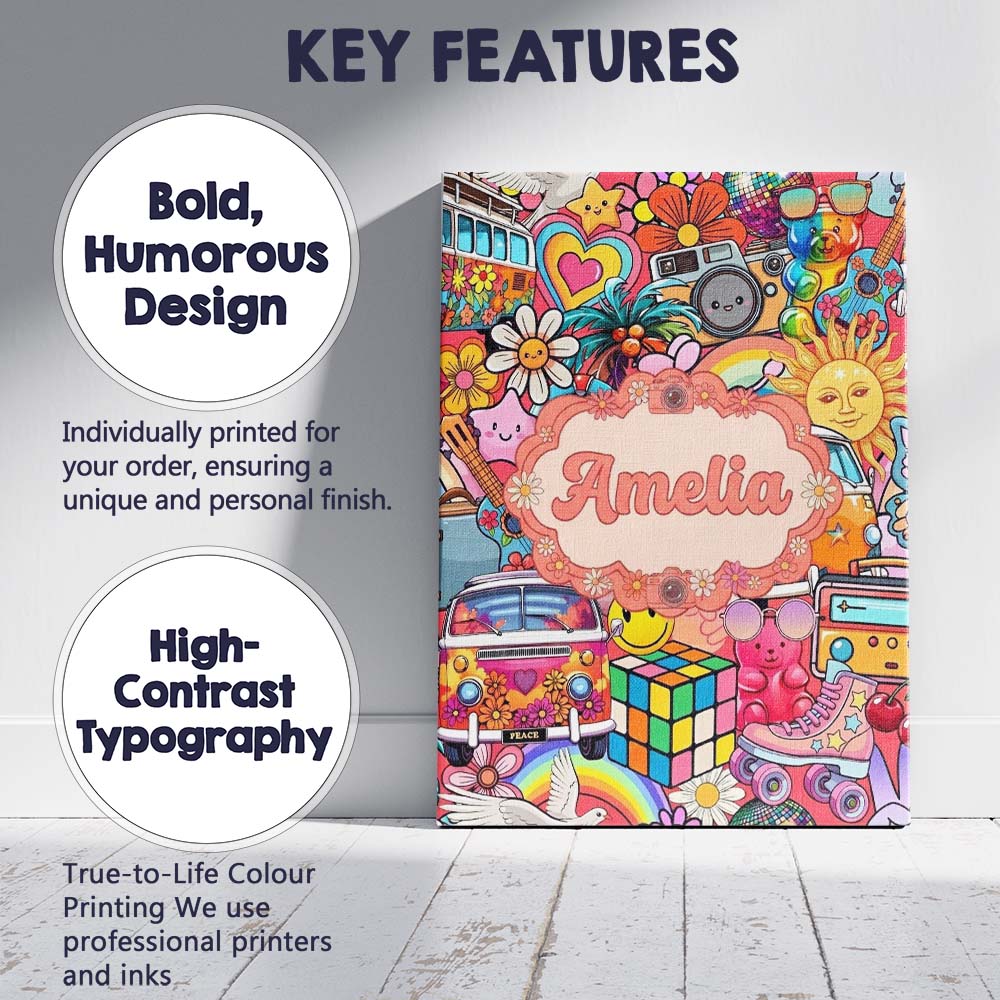 Personalised Name Hippie Van Rainbow Custom Premium Decorative Design Modern Room Accent Canvas Wall Art Print Decor Picture Ready to Hang