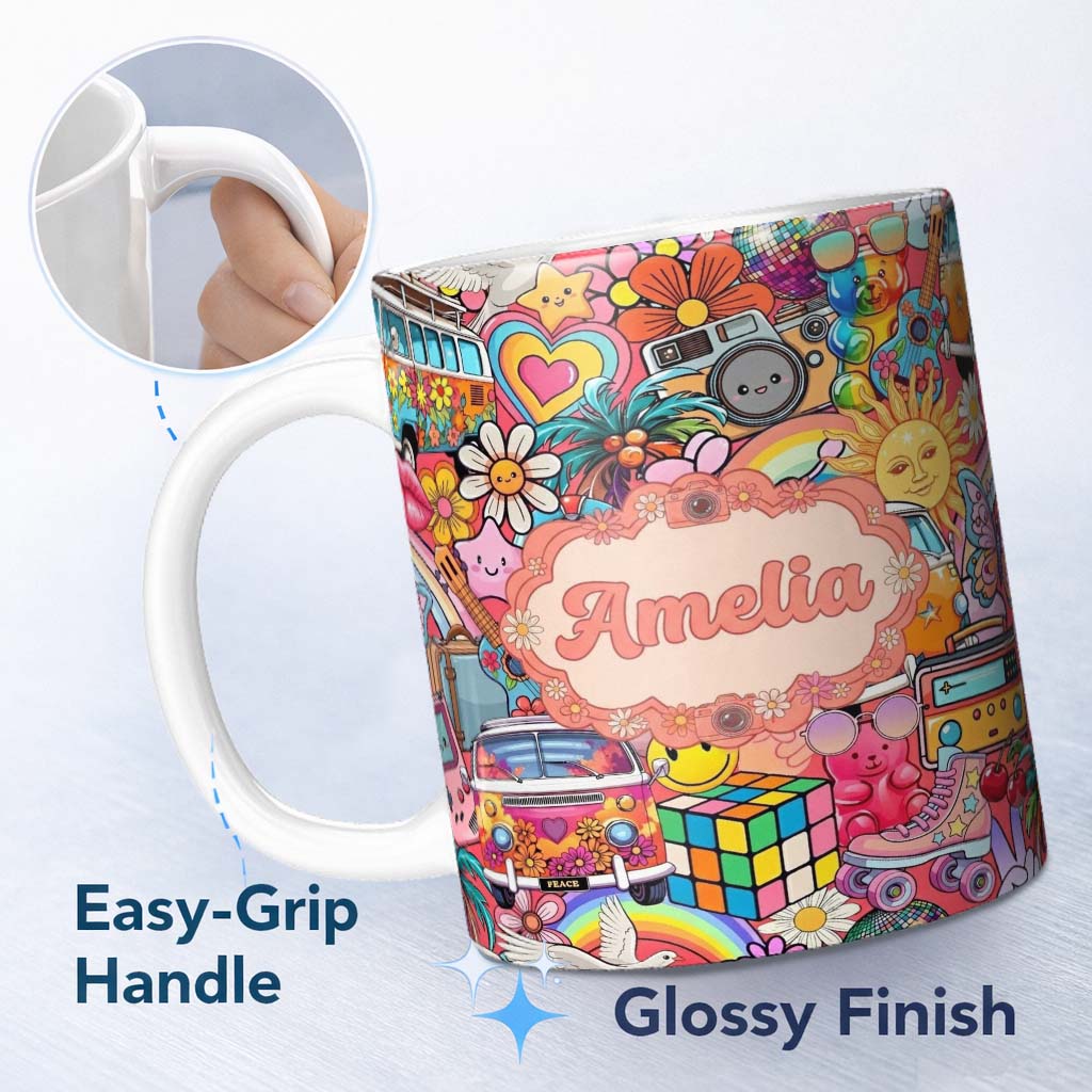 Personalized Custom Name Hippie Van Rainbow Smileys Music Collage Red Background Seamless 11oz Ceramic Coffee Tea Mug White Large Handle