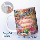 Personalized Custom Name Hippie Van Rainbow Smileys Music Collage Red Background Seamless 11oz Ceramic Coffee Tea Mug White Large Handle