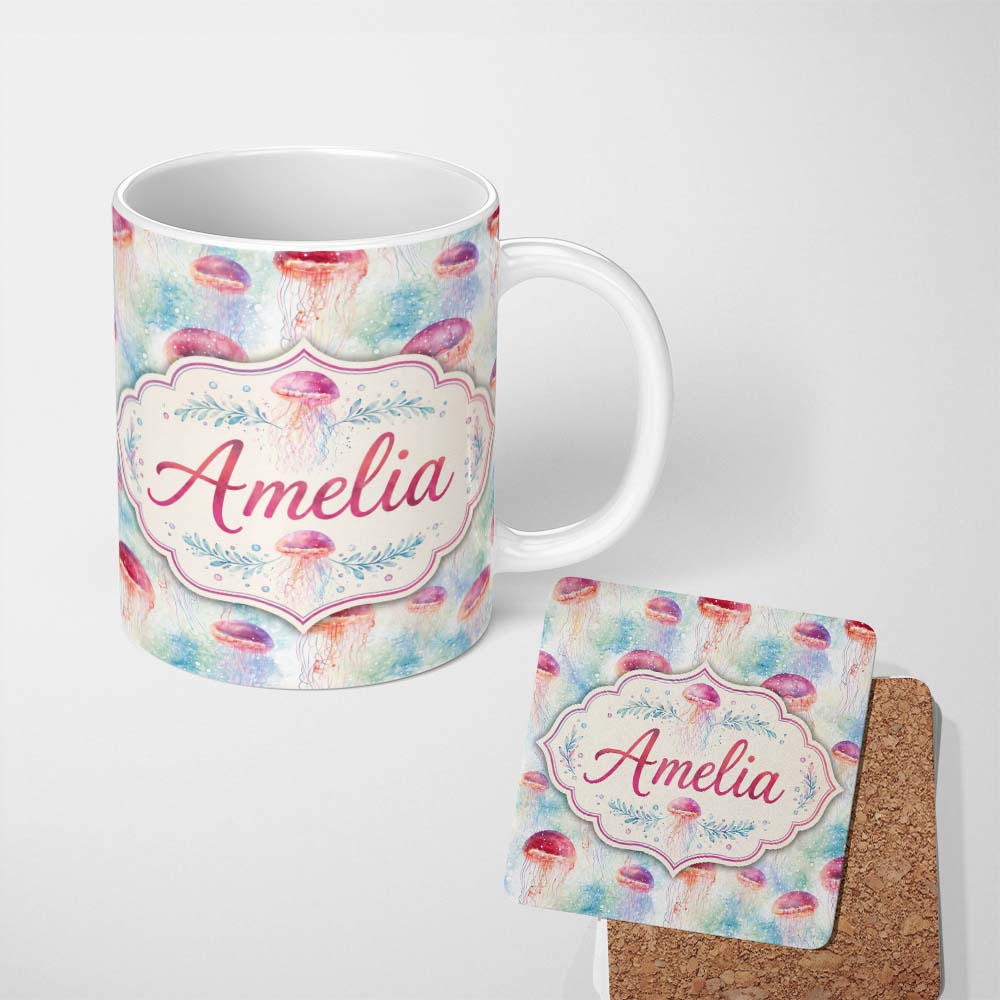 Personalized Custom Name Watercolor Red Jellyfish on Soft Blue Background Seamless Ocean 11oz Ceramic Coffee Tea Mug White Large Handle