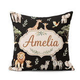 Custom Name Watercolor Safari Jungle Animals Lion Zebra Seamless Square Filled Cushion Throw Pillow Sofa Bed Home Decor Zip Washable UK Made