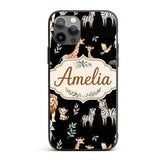 Watercolor Safari Jungle Animals Giraffe Lion Custom Name Protective Phone Case Mobile Cover Durable Everyday Smartphone Shock Resistant