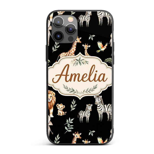 Watercolor Safari Jungle Animals Giraffe Lion Custom Name Protective Phone Case Mobile Cover Durable Everyday Smartphone Shock Resistant