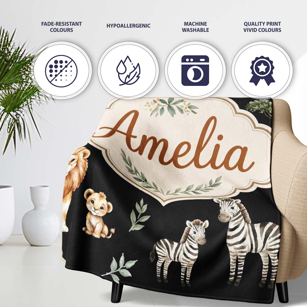 Watercolor Safari Jungle Animals Giraffe Lion Zebra Seamless Pattern  Personalised Custom Name Super Soft Fleece Blanket Bed Sofa Throw