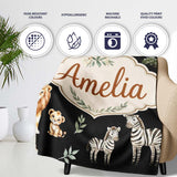 Watercolor Safari Jungle Animals Giraffe Lion Zebra Seamless Pattern  Personalised Custom Name Super Soft Fleece Blanket Bed Sofa Throw