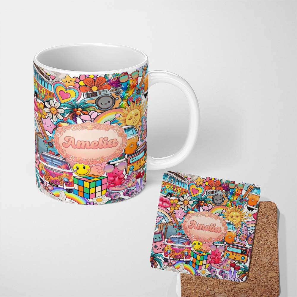 Personalized Custom Name Hippie Rainbow Smileys Music Collage White Background Seamless 11oz Ceramic Coffee Tea Mug White Large Handle