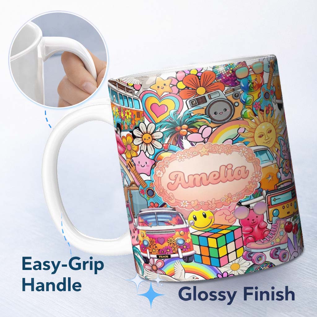 Personalized Custom Name Hippie Rainbow Smileys Music Collage White Background Seamless 11oz Ceramic Coffee Tea Mug White Large Handle