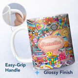 Personalized Custom Name Hippie Rainbow Smileys Music Collage White Background Seamless 11oz Ceramic Coffee Tea Mug White Large Handle