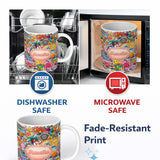 Personalized Custom Name Hippie Rainbow Smileys Music Collage White Background Seamless 11oz Ceramic Coffee Tea Mug White Large Handle