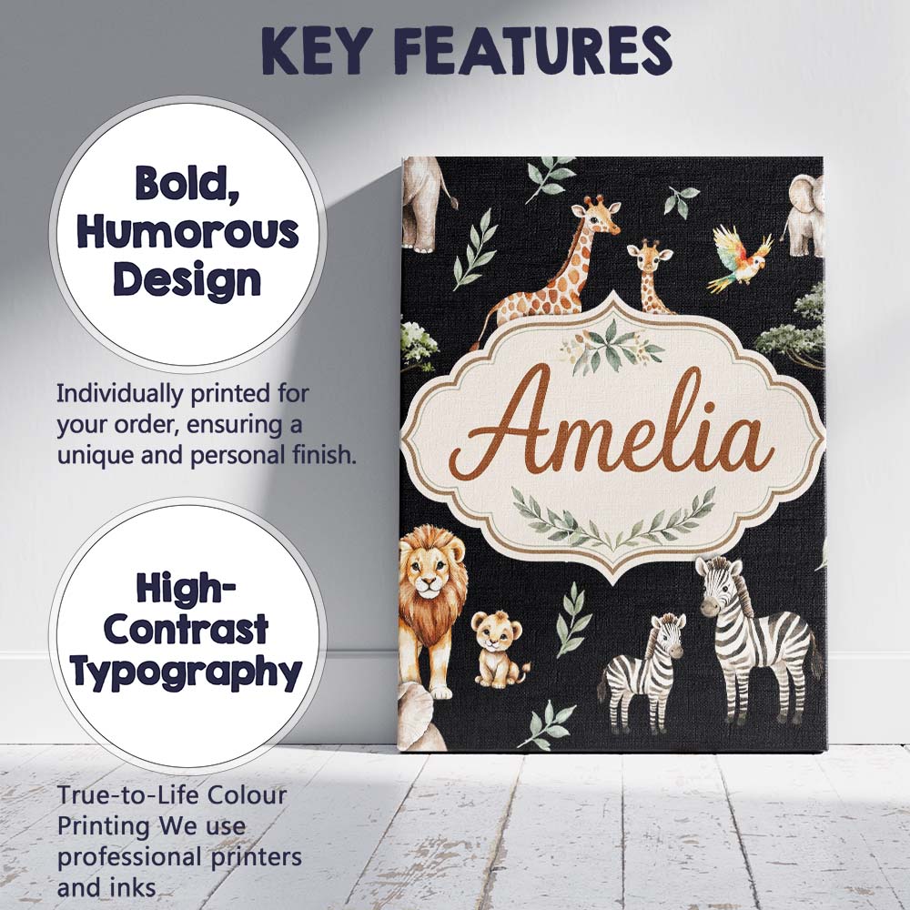 Personalised Name Watercolor Safari Jungle Animals Giraffe Lion Custom  Statement Canvas Wall Art Print Decor Picture Ready to Hang