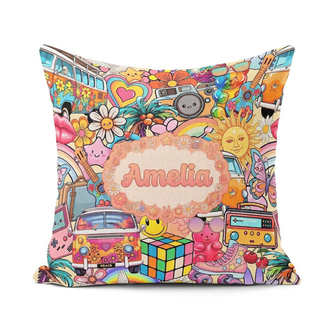 Custom Name Hippie Rainbow Smileys Music Collage Cream Seamless Square Filled Cushion Throw Pillow Sofa Bed Home Decor Zip Washable UK Made