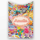 Hippie Rainbow Smileys Music Collage Cream Background Seamless  Personalised Custom Name Super Soft Fleece Blanket Bed Sofa Throw