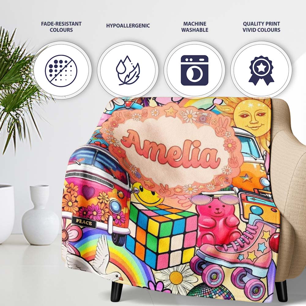 Hippie Rainbow Smileys Music Collage Cream Background Seamless  Personalised Custom Name Super Soft Fleece Blanket Bed Sofa Throw