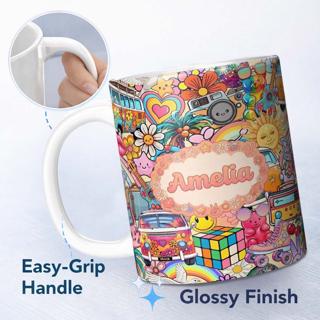Personalized Custom Name Hippie Rainbow Smileys Music Collage Cream Background Seamless 11oz Ceramic Coffee Tea Mug White Large Handle