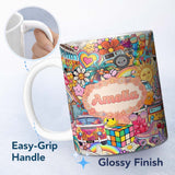 Personalized Custom Name Hippie Rainbow Smileys Music Collage Cream Background Seamless 11oz Ceramic Coffee Tea Mug White Large Handle