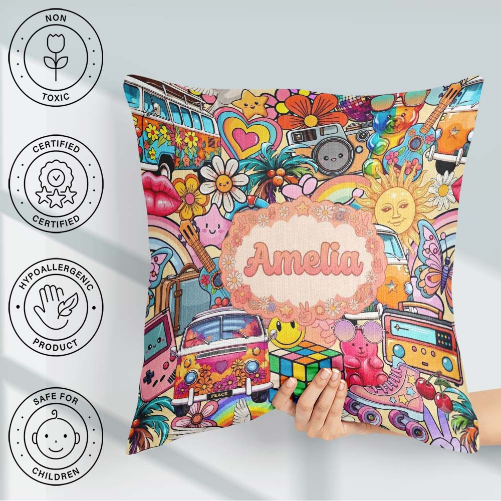 Custom Name Hippie Rainbow Smileys Music Collage Cream Seamless Square Filled Cushion Throw Pillow Sofa Bed Home Decor Zip Washable UK Made