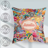 Custom Name Hippie Rainbow Smileys Music Collage Cream Seamless Square Filled Cushion Throw Pillow Sofa Bed Home Decor Zip Washable UK Made