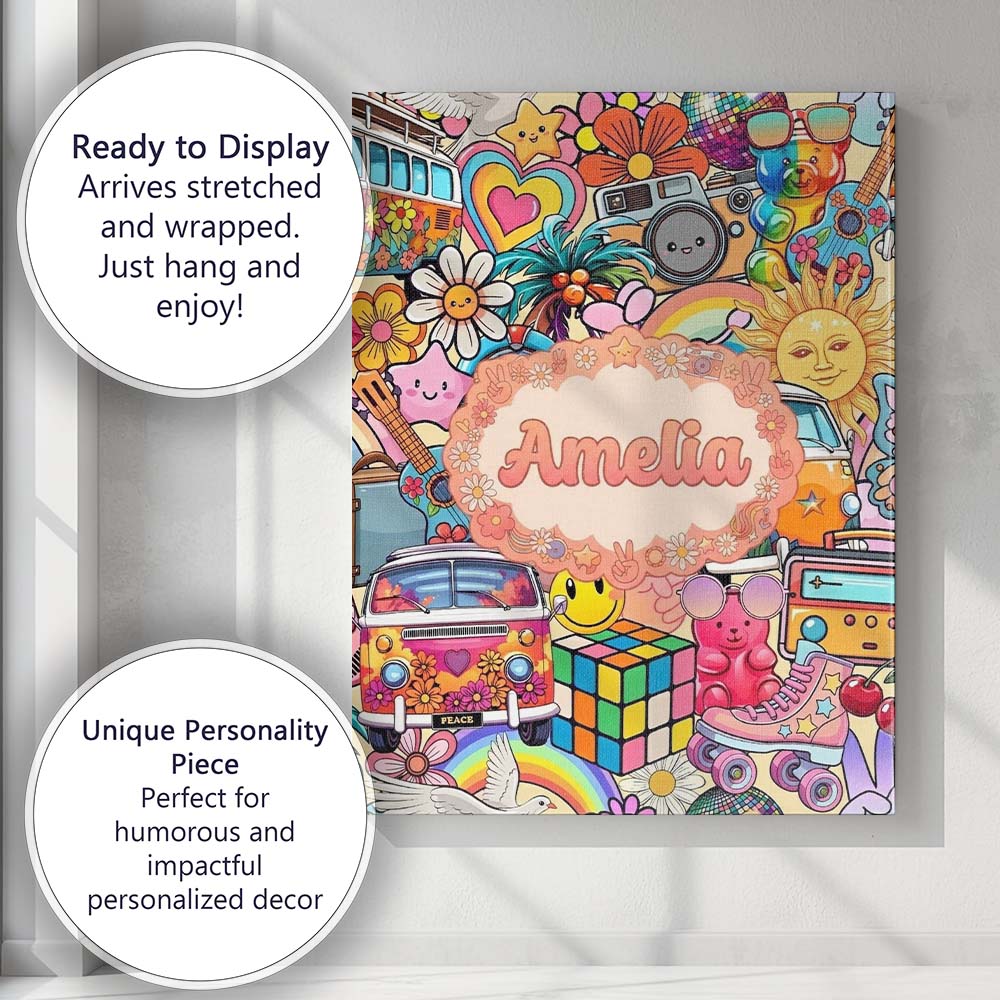 Personalised Name Hippie Rainbow Smileys Custom  Unique Gift Idea Elegant Feature Canvas Wall Art Print Decor Picture Ready to Hang