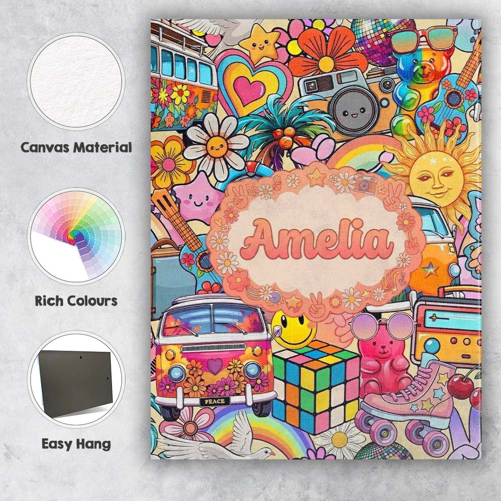 Personalised Name Hippie Rainbow Smileys Custom  Unique Gift Idea Elegant Feature Canvas Wall Art Print Decor Picture Ready to Hang