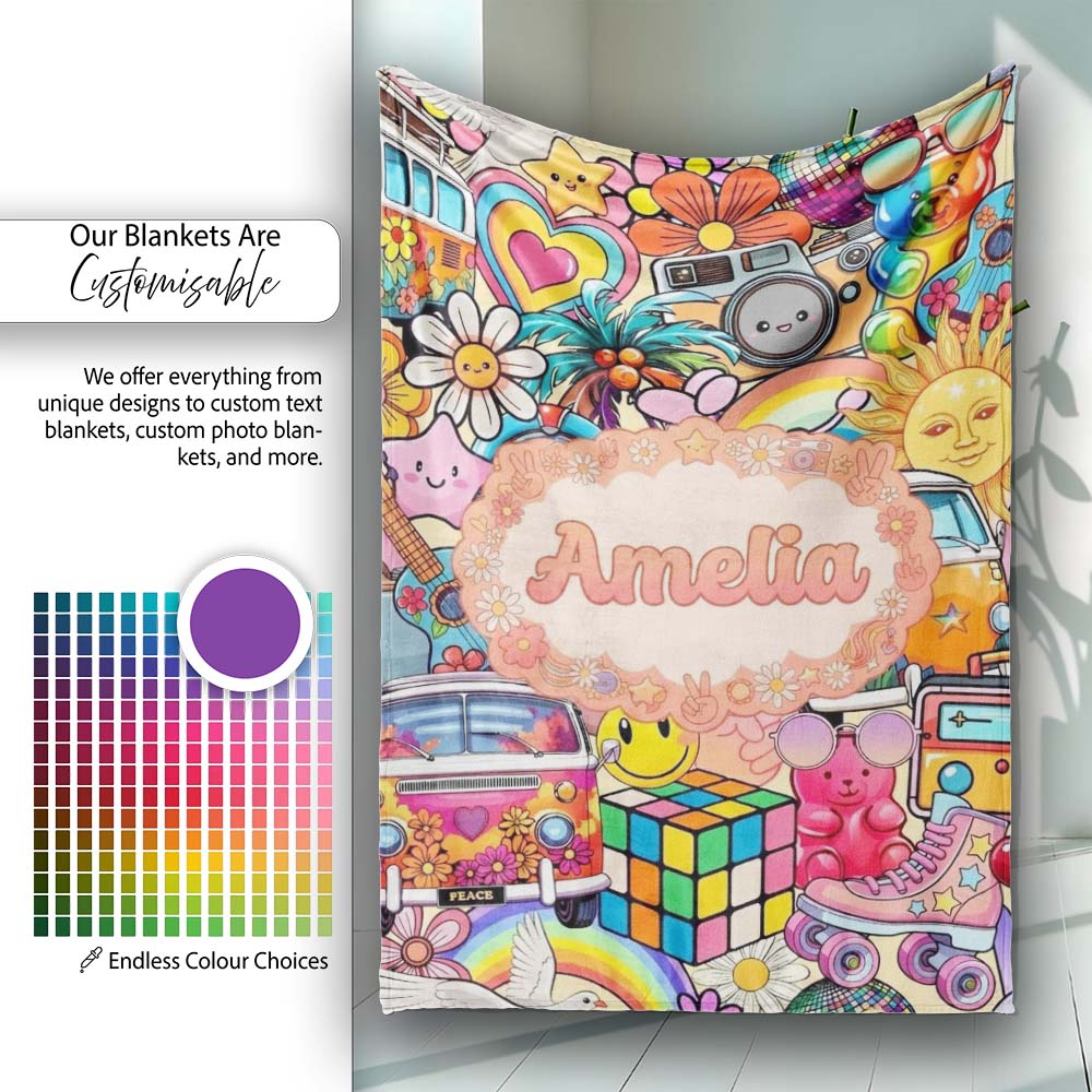 Hippie Rainbow Smileys Music Collage Cream Background Seamless  Personalised Custom Name Super Soft Fleece Blanket Bed Sofa Throw