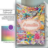 Hippie Rainbow Smileys Music Collage Cream Background Seamless  Personalised Custom Name Super Soft Fleece Blanket Bed Sofa Throw