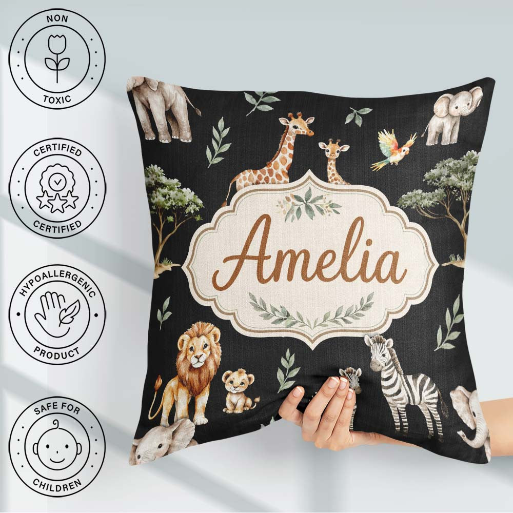 Custom Name Watercolor Safari Jungle Animals Lion Zebra Seamless Square Filled Cushion Throw Pillow Sofa Bed Home Decor Zip Washable UK Made