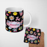 Personalized Custom Name Smiley Roller Skate Game Console Black Background Seamless Pattern 11oz Ceramic Coffee Tea Mug White Large Handle